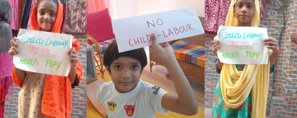 Drei Kinder mit einem Schild "No Child Labor"
