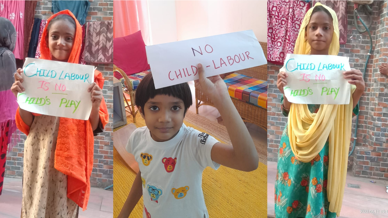 Drei Kinder mit einem Schild "No Child Labor"